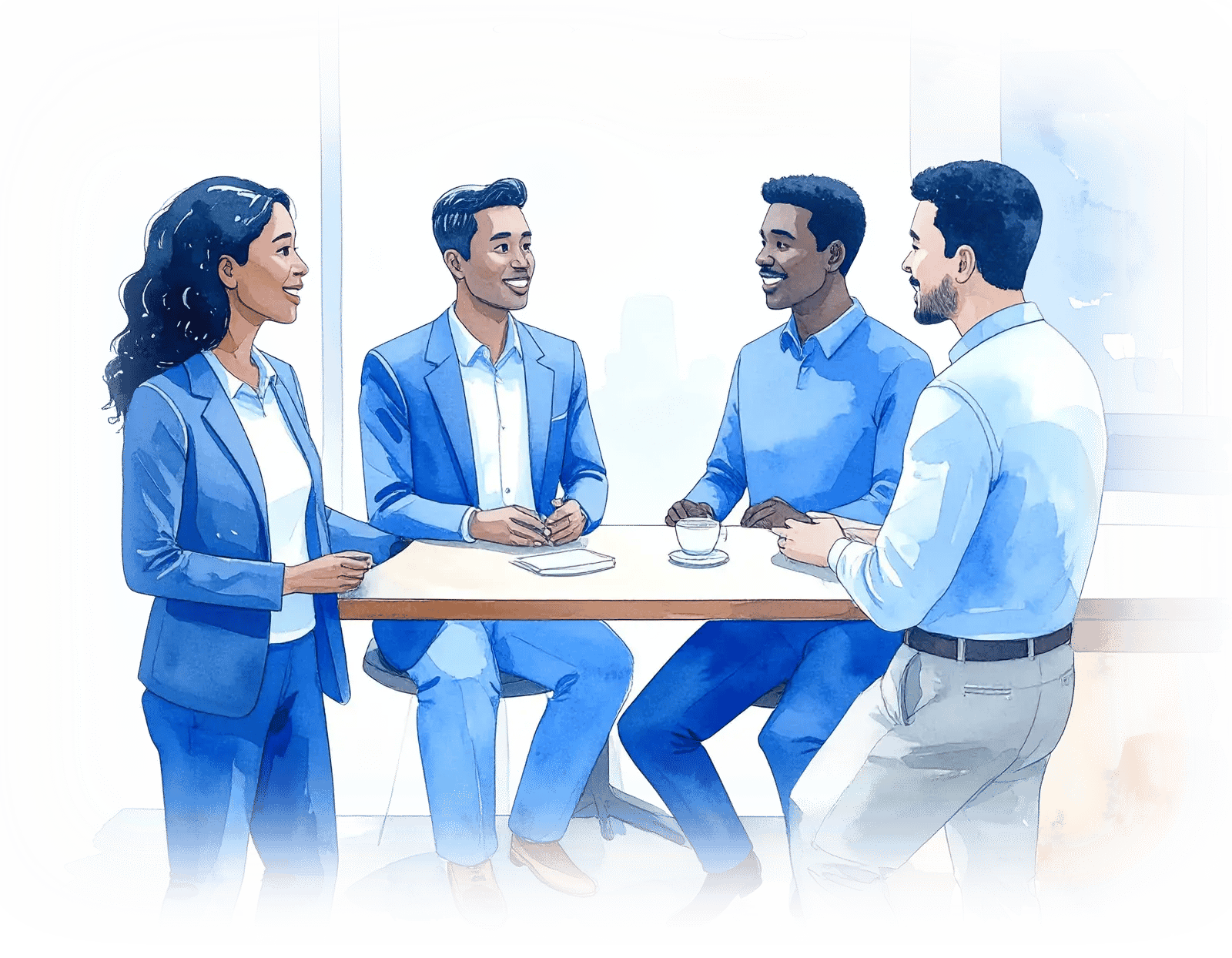 Firefly_A racially diverse group of 4 people conversing in a mix of business and casual cloth 877575