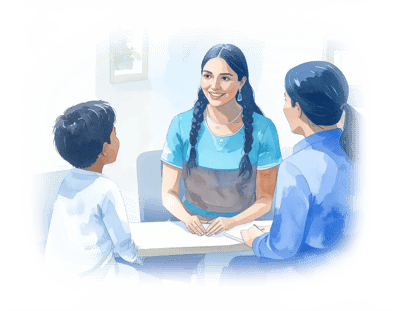 Firefly_Native-amaerican-female-case-worker-speaks-with-family
