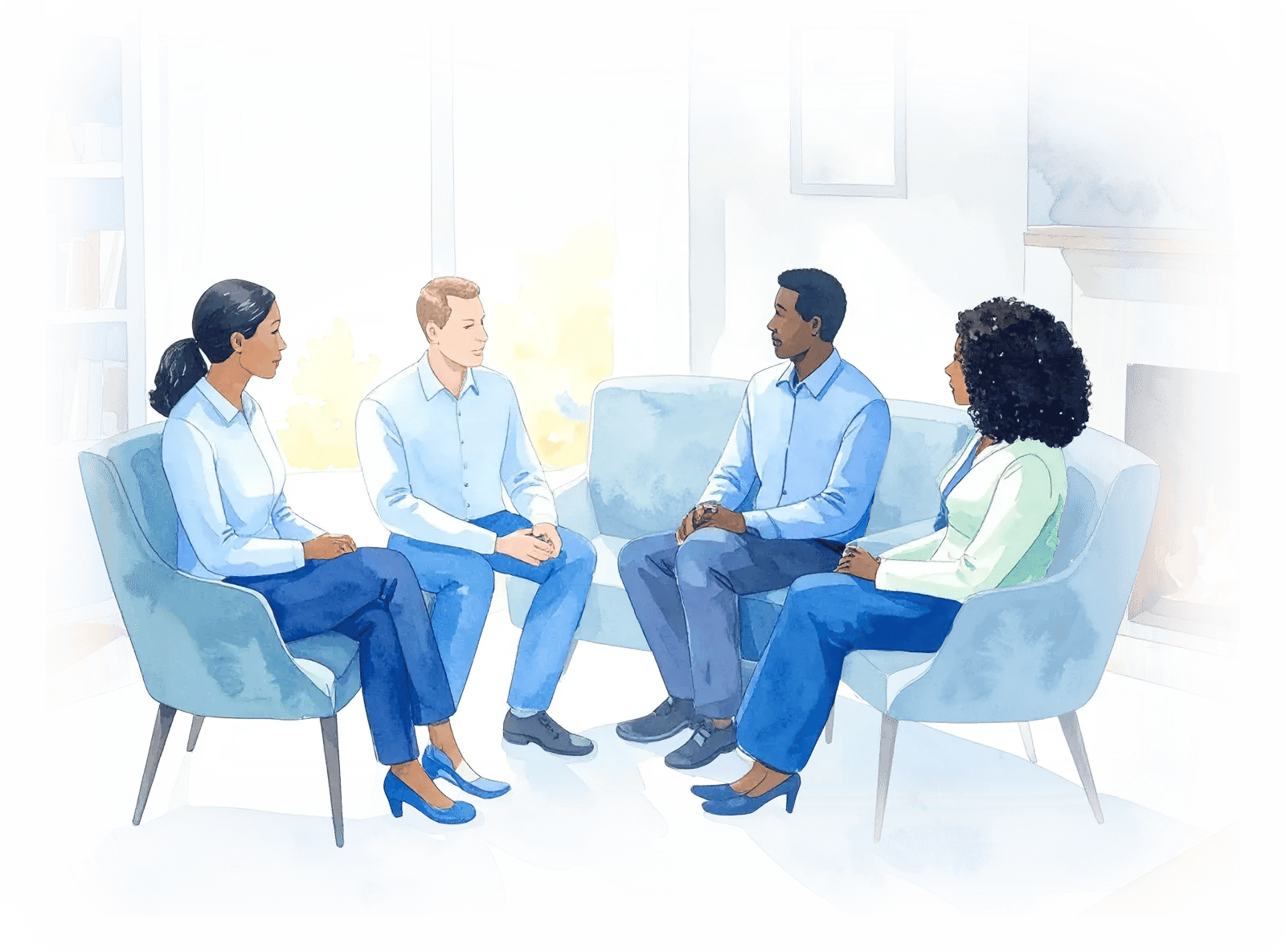 Firefly_A racially diverse group of 4 people conversing with 2 wearing business casual clothi 435599